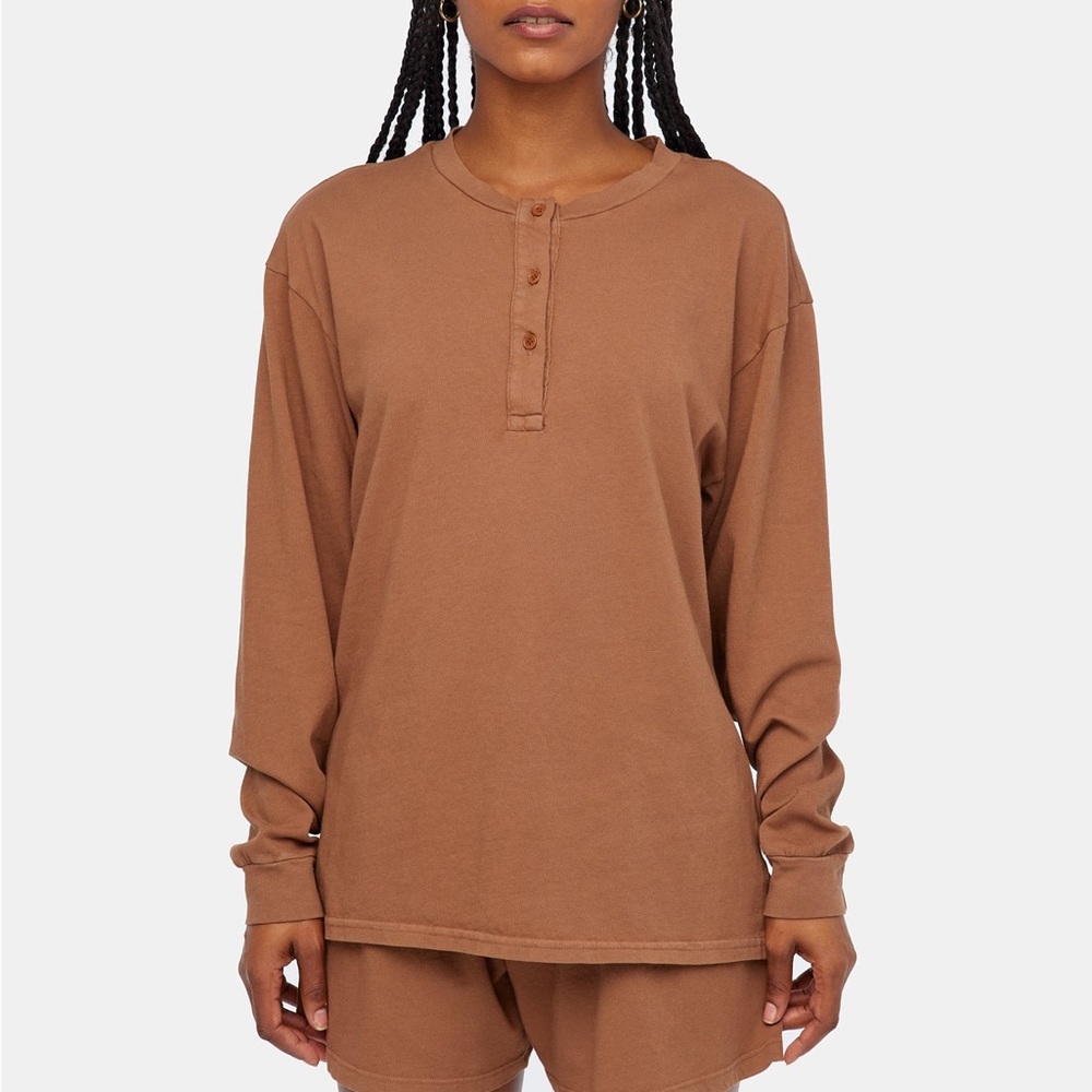 ANTHROPOLOGIE NWT LACAUSA Lolo Henley Long Sleeve Top in Mocha Size Medium